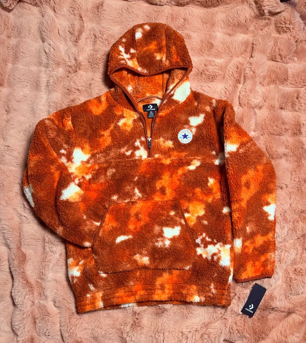 Converse Youth XL Orange Cream Tie Dye Sherpa Fleece Half Zip Hoodie NWT